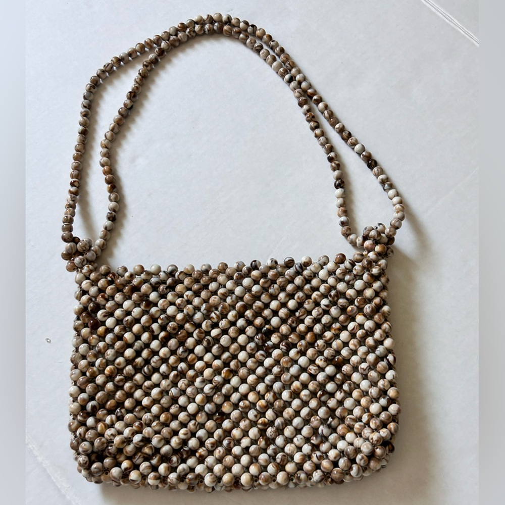 Zara Trafaluc Marbled Beaded Cream and Brown Crossbody Satchel Shoulder Handbag